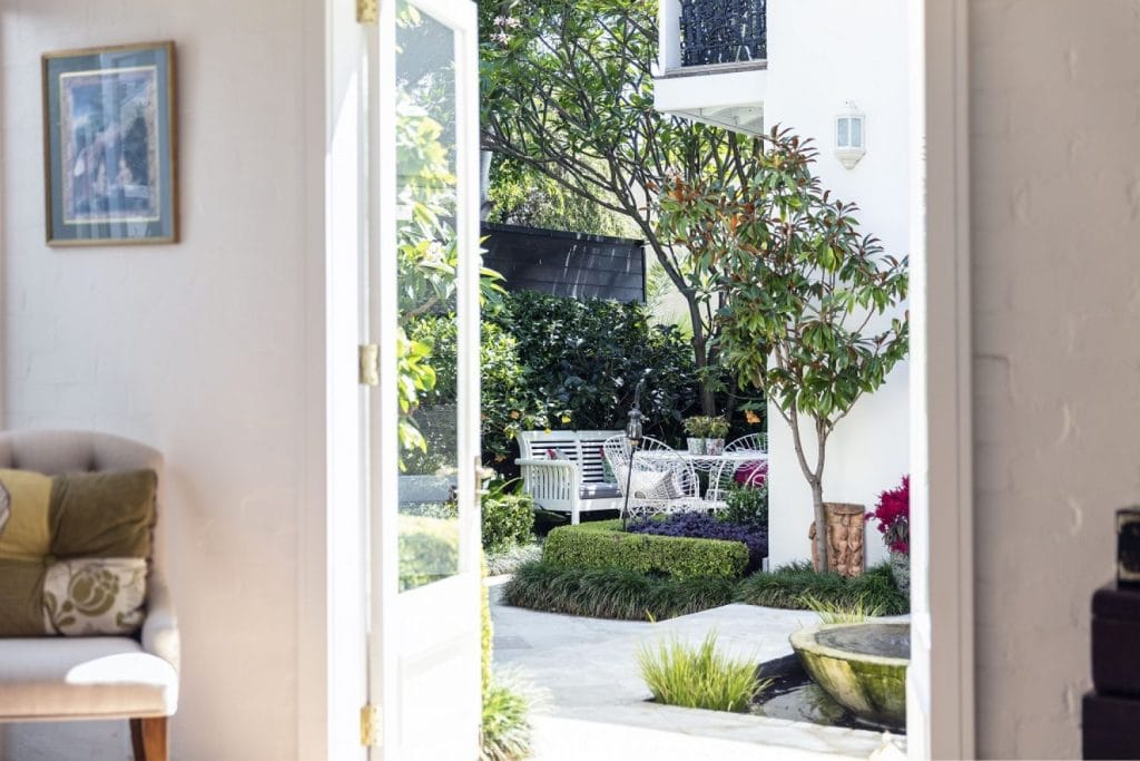 View of terrace garden through French doors in Paddington NSW